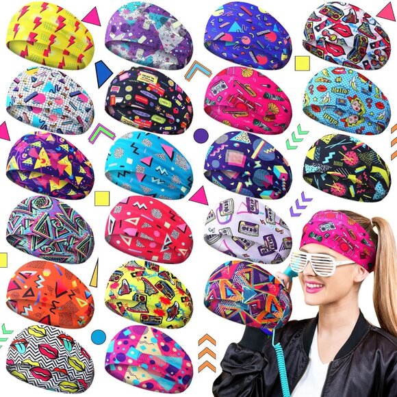 20 Pcs 80s 90s Neon Headbands for Women Retro Vintage Workout Headbands Fitness